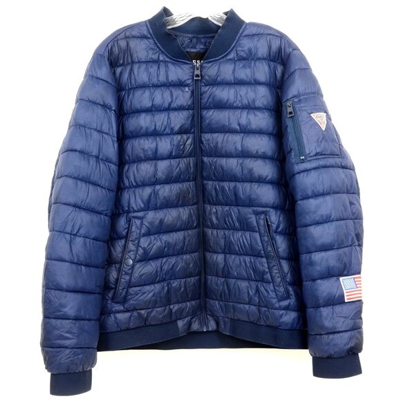 GUESS Mens LARGE Blue Quilted PUFFER Insulated Patch Zip Jacket - Picture 1 of 14